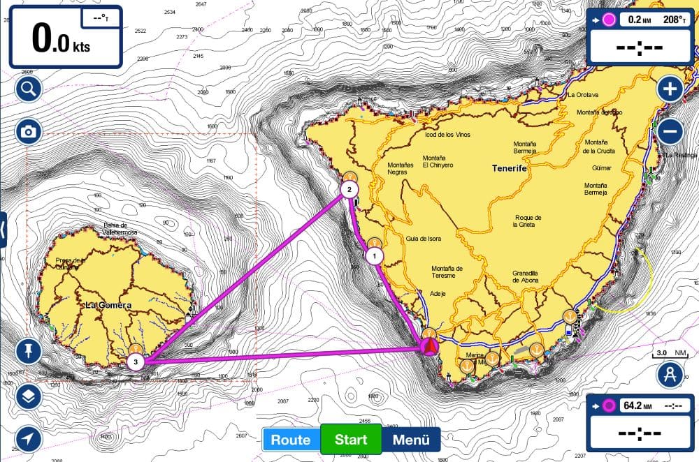 Landkarte mit unserer Route von Teneriffa nach La Gomera und wieder zurück